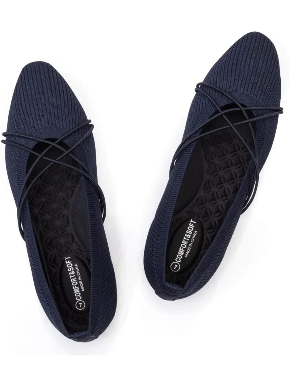 Women's Navy Square Toe Flats Comfortable Knit Ballet Flats with Cross Strap